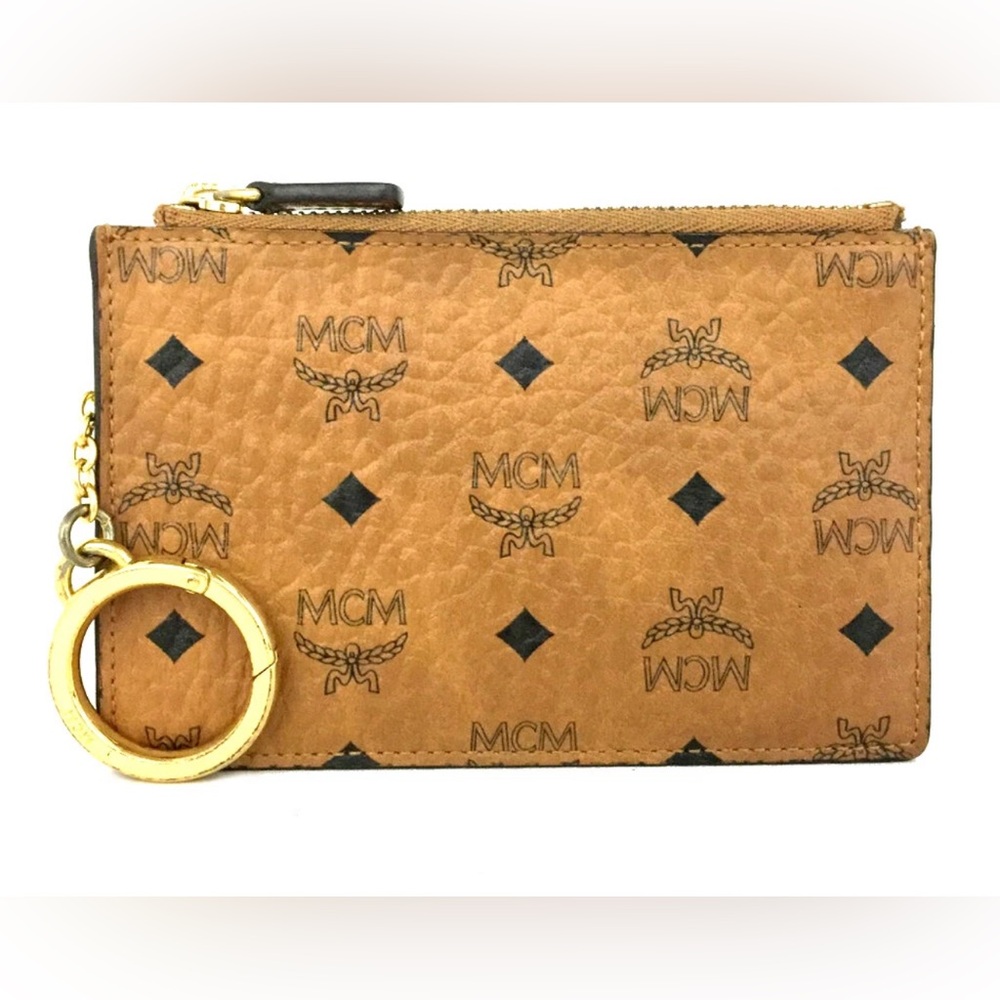 MCM Logo Visetos Leather Wallet Coin Purse  MCM Cognac Leather Card Holder